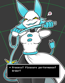 4_fingers abstract_background anthro biped blue_body blush breasts clothed clothing female fingers heart_reaction heart_symbol holding_object holding_weapon holding_whip looking_at_viewer machine smile solo speech_bubble standing text text_box weapon whip white_body yellow_eyes yellow_sclera nikowari_(artist) deltarune undertale_(series) tasque_manager darkner felid feline mammal robot 2021 absurd_res english_text hi_res pictographics