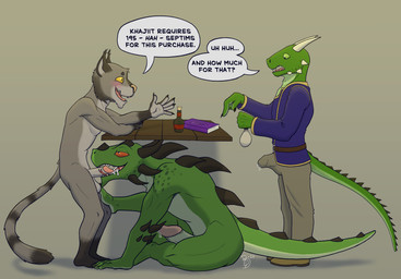 anthro arm_horn arm_spikes balls bedroom_eyes blush bodily_fluids book brown_body cheek_tuft claws clothed clothed_anthro clothed_male clothing coin_purse cum cum_in_mouth cum_inside dialogue dripping duo ear_tuft ejaculation erection erection_under_clothing facial_tuft fellatio forked_tongue furniture genital_fluids genitals gesture gloves_(marking) green_body green_eyes hand_gesture hand_on_leg horn leaking_precum leaning_on_table leg_markings male male/male markings narrowed_eyes nude nude_anthro nude_male on_ground open_mouth oral oral_penetration penetration penile penis pointing potion potion_bottle precum precum_drip precum_through_clothing pupils red_eyes scales seductive sex simple_background sitting sitting_on_ground slit_pupils socks_(marking) speech_bubble spiked_tail spikes spikes_(anatomy) standing table tail text tongue tongue_on_penis tuft under_table under_table_oral wet wet_clothing yellow_eyes birbdrain microsoft the_elder_scrolls argonian argonian_behemoth felid khajiit mammal scalie absurd_res digital_drawing_(artwork) digital_media_(artwork) english_text hi_res