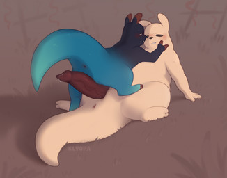 ambiguous_gender animal_genitalia anus black_nose blue_body blue_tail blush duo erection feral feral_on_feral genital_slit genitals male male/ambiguous penis red_ears semi-anthro tail tan_body tan_ears tan_tail tapering_penis klyopa rain_world videocult gourmand_(rain_world) inv_(rain_world) slugcat hi_res