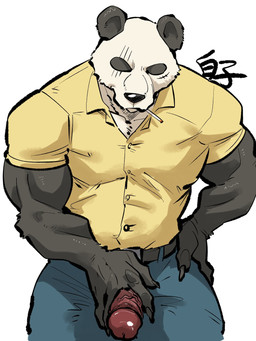 anthro belt biceps black_body black_eyes black_fur bottomwear cigarette cigarette_in_mouth claws clothed clothing collared_shirt dress_shirt erection finger_claws fully_clothed fur genitals glistening glistening_genitalia glistening_penis hand_on_hip hand_on_penis humanoid_genitalia humanoid_penis male muscular muscular_anthro muscular_male object_in_mouth pants penis penis_poking_out penis_through_fly red_penis scar shirt simple_background smoking solo thick_thighs topwear vein veiny_penis white_body white_fur shirako beastars gouhin_(beastars) bear giant_panda mammal 3:4 hi_res