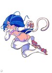 blue_hair butt exposed_ass female fur green_eyes hair looking_at_viewer pawpads solo technically_nude white_body white_fur bandanabird capcom darkstalkers felicia_(darkstalkers) domestic_cat felid feline felis humanoid mammal monster hi_res