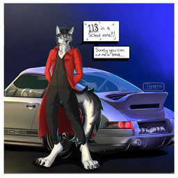 anthro barefoot black_hair border bottomwear car cheek_tuft clothing dialogue facial_markings facial_tuft fangs feet fluffy fluffy_tail fur grey_body grey_fur hair hands_behind_back head_markings jacket male markings neck_tuft pants piercing red_clothing red_eyes simple_background singer_vehicle_design solo speech_bubble suit_jacket tail teeth text topwear tuft vehicle white_border typeera porsche porsche_911 porsche_automobil_holding_se canid canine canis mammal wolf 1:1 absurd_res english_text hi_res meme