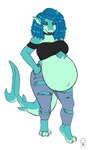 anthro belly big_belly black_clothing black_topwear blue_body blue_eyes blue_hair bottomwear breasts clothed clothing female front_view grey_bottomwear grey_clothing grey_pants hair lips logo non-mammal_breasts open_mouth pants pink_tongue pregnant pregnant_anthro pregnant_female red_lips shark_tail simple_background solo standing teeth tongue topwear torn_bottomwear torn_clothing torn_pants white_background milk-jug fish marine shark artist_logo full-length_portrait portrait