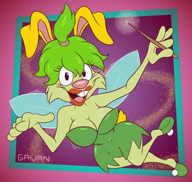 anthro breasts buckteeth clothed clothing dress female footwear fur green_body green_clothing green_dress green_footwear green_fur green_hair green_shoes hair looking_at_viewer magic_wand no_bra open_mouth purple_background shoes simple_background smile smiling_at_viewer solo teeth wings gavanzude las_vacaciones_de_vicky pero_esto_que_es vicky_(las_vacaciones_de_vicky) fairy lagomorph leporid mammal rabbit alternate_version_at_source hi_res signature