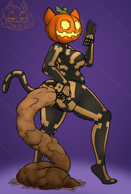 anthro anus big_breasts bodily_fluids breasts butt feces female food for_a_head fruit genital_fluids genitals plant pooping pumpkin pumpkin_head scatplay solo tail text thick_thighs vulva zadirtybish epic_games fortnite spice_(fortnite) domestic_cat felid feline felis mammal object_head absurd_res hi_res