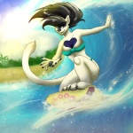 4_toes anthro beach bikini black_hair black_nose blue_eyes breasts claws clothed clothing detailed_background feet female hair heart_symbol hindpaw markings outside paws sand seaside sky smile solo surfer surfing swimwear tight_clothing toe_claws toes two-piece_swimsuit water wave wet wolflady alestra domestic_cat felid feline felis mammal 1:1 digital_media_(artwork)