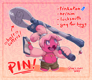 armpit_hair body_hair bolt_cutter bottomwear cargo_pants clipboard clothed clothing eyelashes hair jewelry key key_necklace life_orb lockpicking_tools looking_at_viewer male mastectomy_scar muscular muscular_arms navel necklace pants pink_body pink_eyelashes pink_hair pokemorph ponytail pubes purple_eyes scar solo standing text tool_over_shoulder topless topless_male undercut sunny_(artist) nintendo pokemon lock_pick generation_9_pokemon humanoid pokemon_(species) tinkaton absurd_res english_text hi_res trans_(lore) trans_man_(lore)