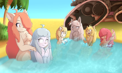 adolescent anthro blonde_hair blue_sky blush brown_body brown_fur casual_nudity day desert fangs female fur grey_hair group hair nude nude_female outdoor_nudity outside pink_hair plant reflection shrub sky social_nudity splash tan_body tan_fur tank_(vehicle) teeth tree vehicle water white_body white_fur white_hair yellow_body yellow_fur young young_anthro young_female bingbingo cyberconnect2 fuga:_melodies_of_steel little_tail_bronx chick_montblanc hanna_fondant mei_marzipan sheena_falafel vanilla_muscat wappa_charlotte bird_dog canid canine caninu canis domestic_cat domestic_dog felid feline felineko felis german_shepherd herding_dog hunting_dog mammal pastoral_dog russian_blue spaniel turkish_angora welsh_corgi 2024 hi_res signature