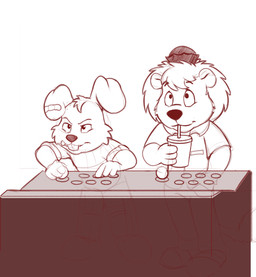 anthro arcade_machine bared_teeth beverage clothed clothing drinking duo floppy_ears front_view glistening glistening_eyes hat headgear headwear holding_beverage holding_object male narrowed_eyes shirt standing t-shirt teeth topwear young young_anthro young_male bucklebunny rocco_rabbit rudyard_lion felid lagomorph leporid lion mammal pantherine rabbit monochrome sketch