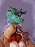 anthro armor cape clothing gloves green_body green_scales hand_on_chest handwear horn male orange_eyes scales simple_background solo kuma_crusader mythology kabal_manegold dragon mythological_creature mythological_scalie scalie wingless_dragon 3:4 hi_res portrait