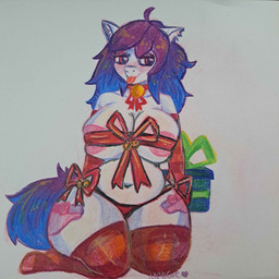 anthro bdsm blush bondage bound breasts clothing collar female footwear gift gift_wrapped hair holidays inner_ear_fluff looking_at_viewer looking_pleasured multicolored_hair panties ribbons simple_background socks solo tongue tongue_out tuft underwear anykoe christmas hasbro my_little_pony anykoe_(anykoe) earth_pony equid equine horse mammal pony absurd_res colored_sketch hi_res signature sketch