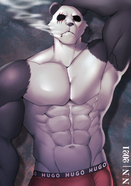 abs anthro boxer_briefs bulge cigarette clothing eye_scar facial_scar hand_on_head male muscular muscular_anthro muscular_male navel pecs red_clothing red_underwear scar smoke smoking solo underwear chazer_n beastars gouhin_(beastars) bear giant_panda mammal 2021 hi_res