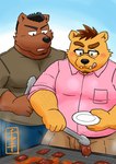 anthro black_nose bottomwear brown_body clothing cooking duo food humanoid_hands kemono male overweight overweight_male pants shirt tongue tongue_out topwear ch_ia_ki bear mammal 2022 absurd_res hi_res