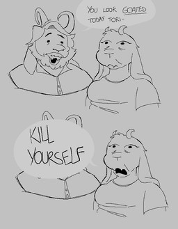 anthro bard dialogue duo female horn humor male pun shitpost suicide_baiting text twistedfurby deltarune undertale_(series) asgore_dreemurr toriel boss_monster_(undertale) bovid caprine goat mammal 2025 english_text greyscale meme monochrome