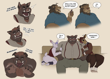 ankle_socks anthro arm_hair beard belly black_body black_bow_tie black_fingernails black_fur black_nails blue_clothing blue_shirt blue_topwear blush body_hair bow_tie brown_body brown_clothing brown_footwear brown_fur brown_shoes butt chest_tuft clothing colored_nails dialogue facial_hair fingernails footwear fur furniture group hair hair_bun happy_trail holding_arms kneeling legwear long_hair male male/male muscular muscular_anthro muscular_male nails navel nervous nipples on_sofa open_mouth oubes overweight overweight_anthro overweight_male pinstripes purple_hair red_clothing red_hair red_topwear red_vest shirt shoes sitting sitting_on_sofa small_tail socks sofa speech_bubble suspenders tail tail_tuft tan_body tan_fur text thigh_highs tongue tongue_out topwear tuft tusks vest white_body white_clothing white_fur white_shirt white_topwear thepurp aldrich_haynes_(thepurp) finn_(thepurp) luca_(thepurp) marcus_(thepurp) deer domestic_pig felid lagomorph leporid lion mammal pantherine rabbit suid suine sus_(pig) 2025 absurd_res english_text hi_res