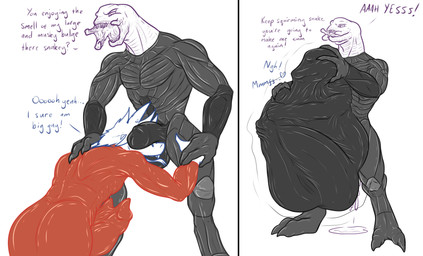 abdominal_bulge alien_pred ambiguous_fluids anthro apode aroused balls belly belly_rub big_balls big_bulge big_penis big_tail bodily_fluids bodysuit bulge bulge_nuzzling bulge_on_face bulge_worship clothed clothing cum cum_in_clothing cum_through_clothing detailed_bulge duo ejaculation erection face_imprint fluids_on_ground genital_fluids genitals hand_on_back hand_on_belly hand_on_hand hand_on_leg hand_on_thigh imprint latex latex_clothing latex_skinsuit leaking_cum legless male male/male male_pred muffled oral_vore paws penis predator/prey prey_imprint prey_outline revealing_outfit same_size_vore seductive serpentine skimpy skinsuit skintight_suit soft_vore squirming stretchy_belly struggling struggling_prey tail teasing text tight_belly tight_bulges tight_clothing vore wet wet_clothing willing_prey conditional_dnp samagthrav2 halo_(series) microsoft xbox_game_studios montiga_(montiga) alien draconcopode naga reptile sangheili scalie snake absurd_res english_text hi_res