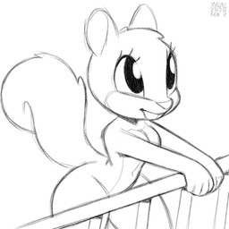 anthro breasts buckteeth convenient_censorship female nude railing simple_background solo standing tail teeth xylas nickelodeon spongebob_squarepants sandy_cheeks eastern_grey_squirrel grey_squirrel mammal rodent sciurid tree_squirrel 1:1 monochrome sketch