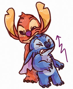3_toes 4_fingers anthro black_eyes blue_body blue_claws blue_fur blue_nose chest_tuft claws directional_arrow duo ears_down eyes_closed face_squish feet finger_claws fingers fur head_tuft male notched_ear pivoted_ears purple_nose red_body red_fur simple_background small_tail squish tail toes tuft white_background mochigome_(pixiv_112967981) disney lilo_and_stitch experiment_627 stitch_(lilo_and_stitch) alien experiment_(lilo_and_stitch) colored digital_drawing_(artwork) digital_media_(artwork) hi_res shaded