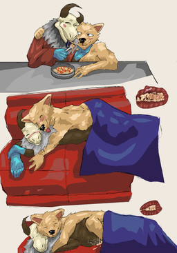 anal anal_orgasm anal_penetration anthro bedding blanket blep blue_eyes blush bodily_fluids body_hair bone clothing cum cum_inside cum_on_self cutlery duo eating ejaculation eye_contact eyes_closed food fork from_behind_position fur genital_fluids gloves grey_hair hair hands-free handwear happy_trail holding_fork internal internal_anal kitchen_utensils looking_at_another lying male male/male nude nude_anthro nude_male on_front orgasm overweight overweight_anthro overweight_male pasta penetration prostate prostate_stimulation sex simple_background skull skull_head sleeping spaghetti spoon_position spooning tan_body tan_fur tongue tongue_out tools thewepower comic hi_res