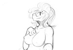 2017 anthro big_breasts breasts digital_drawing_(artwork) digital_media_(artwork) dinosaur female hair half-length_portrait hand_on_breast monochrome nipples non-mammal_breasts non-mammal_nipples nude portrait prehistoric_species reptile scalie simple_background smile snout solo watsup white_background