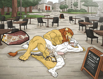 anal anal_penetration anthro anthro_on_anthro anus athletic balls biceps bodily_fluids claws collar cum cum_in_ass cum_inside cum_on_penis cum_while_penetrated dominant dominant_male duo ear_piercing ejaculation erection fur genital_fluids genitals hair hands-free holding_leash holding_object humanoid_genitalia humanoid_penis internal interspecies leash leash_in_mouth lying male male/male male_penetrated male_penetrating male_penetrating_male mouth_hold muscular muscular_dom muscular_male muscular_top nipples nude object_in_mouth orgasm outside pecs penetration penis piercing public sex submissive submissive_male toe_claws tongue tongue_out vein wfa brocrown rougetsu canid canine canis felid lion mammal pantherine wolf