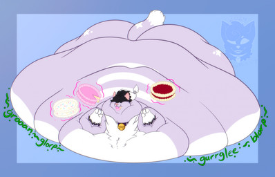4_fingers anthro back_stripes bell bell_collar belly big_belly biped black_hair black_markings blobby blorp blue_background blue_border blue_collar border cake cake_in_mouth cat_tail chubby_cheeks collar collar_only countershade_fur countershade_torso countershading dessert dipstick_tail extended_sound_effect fat_arms fat_face female female_anthro fingers fluffy food food_in_mouth front_view fur glorp gloves_(marking) green_emanata green_text groan gurgle_(sound_effect) hair hair_over_eyes huge_belly huge_thighs hyper hyper_belly hyper_thighs immobile jingle_bell jingle_bell_collar leg_markings long_tail lying magic magic_user markings morbidly_obese morbidly_obese_anthro morbidly_obese_female nude obese obese_anthro obese_female on_front overweight overweight_anthro overweight_female pink_inner_ear pink_nose pointy_ears prick_ears purple_body purple_ears purple_fur purple_tail red_magic red_velvet red_velvet_cake rumbling_stomach simple_background snout socks_(marking) solo sound_effect_variant sound_effects sprinkles star_(marking) tail tail_markings telekinesis text thick_thighs thigh_markings tuft weight_gain white_body white_countershading white_hair white_markings white_tuft strawberrymilkdog spirit_(spirittabby) domestic_cat felid feline felis mammal tabby_cat 2023 full-length_portrait hi_res portrait watermark