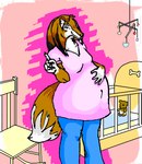 anthro belly bottomwear breasts brown_body brown_fur clothing crib female fur hand_on_belly pants plushie pregnant rocking_chair shirt solo teddy_bear topwear white_body white_fur danellz canid canine canis collie domestic_dog herding_dog mammal pastoral_dog rough_collie sheepdog digital_media_(artwork)