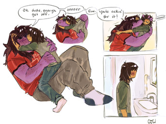 anthro brown_hair clothing dialogue duo female footwear freckles green_clothing green_shirt green_topwear hair kissing male obscured_eyes purple_body shirt sink socks speech_bubble text topwear colicolicolicoli deltarune undertale_(series) kris_dreemurr susie_(deltarune) human mammal scalie 2025 comic english_text hi_res nonbinary_(lore)