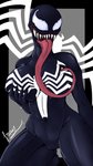 big_breasts black_body breasts female hand_on_breast long_tongue muscular muscular_female muscular_humanoid not_furry pose sharp_teeth simple_background sitting solo teeth text thick_thighs tongue tongue_around_breast tongue_out white_eyes wide_hips fraydragon marvel she-venom venom_(marvel) alien humanoid symbiote 2018 9:16 hi_res signature