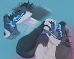 adam's_apple anthro big_fangs blue_background blue_body blue_fur blue_tongue blush bodily_fluids clothed clothing duo extreme_size_difference eyes_closed fangs forked_tongue fur grey_body grey_fur hand_on_back holding_another holding_micro imminent_vore inside_mouth long_tongue macro male male/male micro muscular muscular_anthro muscular_male nervous nipples saliva sharp_teeth simple_background size_difference standing teeth tongue tongue_around_arm tongue_out underwear underwear_only vore white_body white_fur noirenard mythology renard_(noirenard) rory_(noirenard) dragon hybrid mythological_creature mythological_scalie scalie hi_res