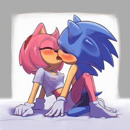 accessory anthro blue_body blush blush_lines bodily_fluids breasts clothing duo eyelashes female footwear gloves hair handwear head_spikes headband kissing male male/female pink_body pointed_tail pointy_ears short_hair simple_background socks spikes spikes_(anatomy) sos_draws sega sonic_the_hedgehog_(series) amy_rose sonic_the_hedgehog 1:1 hi_res