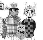 anthro clothing female group hat headgear headwear male male/female simple_background trio kys7 deltarune undertale_(series) united_states_marine_corps noelle_holiday owl_jolson athene_(genus) avian bird burrowing_owl deer humanoid mammal new_world_deer owl reindeer true_owl black_and_white monochrome