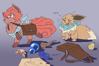 6_tails armband badge bag_in_mouth blue_clothing blue_kerchief brown_body brown_ears brown_fur brown_inner_ear clothing dipstick_tail duo eyes_closed eyewear facial_hair fangs food fruit fur glasses green_sclera hair holding_bag holding_in_mouth itemizer_orb kerchief kerchief_only leg_markings looking_at_another looking_back looking_back_at_another map markings messenger_bag multi_tail mustache neck_tuft oran_berry orb pecha_berry plant pokemon_berry red_body red_ears red_fur red_hair red_tail socks_(marking) tail tail_markings tan_body tan_ears tan_fur tan_mustache tan_tail tan_tail_tip teeth text tuft wand white_clothing white_eyes motherlatias nintendo pokemon pokemon_mystery_dungeon spike_chunsoft eevee generation_1_pokemon pokemon_(species) vulpix 2026 english_text hi_res