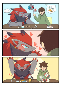 ambiguous_gender anthro blue_eyes blush blush_lines bodily_fluids bone brown_hair claws container cup cutlery dessert duo eyeless eyes_closed fangs food fur grey_body grey_fur hair heart_symbol ice_cream kettle kitchen_utensils male mug navel open_mouth pleading_eyes popsicle red_hair simple_background skull sparkles spoon tears teeth tongue tools rocking_jjj nintendo pokemon generation_5_pokemon human mammal pokemon_(species) zoroark 2025 absurd_res comic hi_res signature