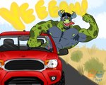 abs anthro armpit_hair biceps body_hair driving facial_hair fur green_body green_fur hanging_out horn male muscular muscular_male nipples nude pecs road solo tongue tongue_out truck vehicle yamatopawa reed_bull bovid bovine cattle mammal