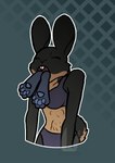 ambiguous_gender anthro anthro_pred black_body black_fur blue_body blue_fur blue_pawpads buckteeth clothed clothing duo female female_pred fur grey_background hi_res imminent_death lagomorph leporid mammal multicolored_body multicolored_fur oral_vore panties pawpads rabbit rabbitinafoxden shirt simple_background tail teeth topwear underwear vore watermark