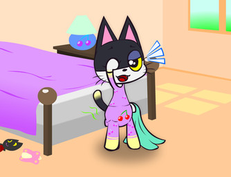 anthro clothed clothing diaper diaper_under_clothing feces male soiled_diaper solo tail unclean_diaper used_diaper waking_up wearing_diaper sir-dancalot animal_crossing nintendo punchy_(animal_crossing) domestic_cat felid feline felis mammal digital_media_(artwork)