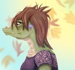 anthro blouse clothed clothing earbuds electronics female headphones leaf makeup monotone_earbuds monotone_headphones orange_earbuds orange_headphones solo topwear vandclash makarena crocodile crocodilian reptile scalie bust_portrait digital_media_(artwork) hi_res portrait