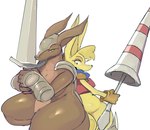 anthro armor biped brown_body clothing fur holding_object holding_weapon simple_background weapon white_background yellow_body yellow_fur gikowinko armadillo_knight armadillo kangaroo macropod mammal marsupial xenarthran hi_res tagme