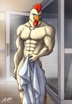 abs anthro bathroom brown_eyes fur hair male moobs muscular muscular_anthro muscular_male navel nipples nude nude_anthro nude_male pecs red_hair shower solo towel towel_only wet wet_body yellow_body yellow_fur alkan henry_(alkan) avian bird chicken galliform gallus_(genus) phasianid absurd_res hi_res