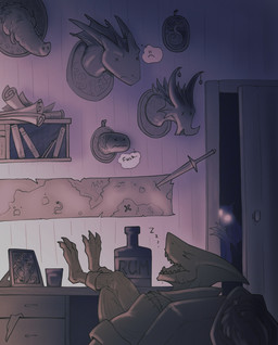 3_toes alcohol alcohol_bottle anthro barefoot being_watched beverage bodily_fluids book claws clothed clothed_anthro clothed_male clothing crossed_legs desk drooling duo eyes_closed feet foot_on_table frill_(anatomy) furniture glowing glowing_eyes hat headgear headwear inside knife looking_at_another male map melee_weapon membrane_(anatomy) pirate pirate_hat profanity reclining rum saliva scar sharp_teeth sleeping sword table taxidermy teeth toes weapon webbed_feet webbed_hands neverneverland mythology centrifuge aquatic_dragon dragon elephantid fish mammal mammoth marine mythological_creature mythological_scalie prehistoric_species proboscidean scalie shark unknown_species hi_res