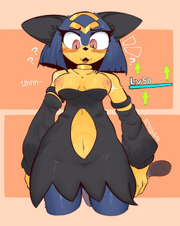 anthro black_clothing black_dress black_nose blue_body blue_hair blush blush_lines breasts clothing dress eyelashes fangs female hair multicolored_body navel red_eyes short_hair solo tail teeth two_tone_body yellow_body scowobiez palworld pocketpair felid feline mammal pal_(species) sekhmet_(pal) 4:5 hi_res