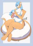 anthro beverage big_breasts blue_clothing blue_hair blue_underwear bottomwear breasts cleavage clothed clothing female fluffy fluffy_tail fur hair long_hair milkshake orange_body orange_fur orange_tail simple_background skunk_tail solo tail underwear white_body white_fur white_tail dreanzwolf iva_(nidex_beat) mammal mephitid skunk absurd_res hi_res