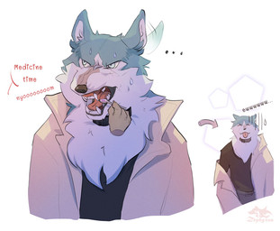 anthro biped bodily_fluids clothed clothing collar cutlery ear_twitch fangs fluffy kitchen_utensils male open_mouth simple_background solo speech_bubble spoon sweat teeth text tongue tongue_out tools zephyxus brand_new_animal mythology studio_trigger shirou_ogami canid canine canis mammal mythological_canine mythological_creature werecanid werecanine werecreature werewolf wolf english_text