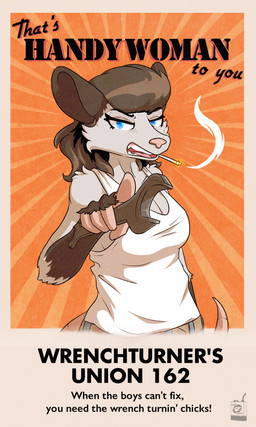 1950s_theme advertisement angry anthro belt blue_eyes bottomwear brown_hair cigarette clothing female fur gesture grey_body grey_fur hair hand_gesture looking_at_viewer pants pointing pointing_at_viewer pompadour retro shirt smoking smoking_cigarette solo tank_top text tomboy tools topwear wrench posspowered bonnie_vale_(posspowered) american_opossum mammal marsupial virginia_opossum absurd_res english_text hi_res