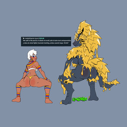 anthro big_breasts big_butt blue_eyes breasts butt dark_body dark_skin digitigrade duo ear_piercing ear_ring female gold_scales grey_background grey_body grey_scales hair horn looking_at_viewer looking_back looking_back_at_viewer piercing rear_view ring_piercing scales short_hair simple_background smile thick_thighs white_hair wide_hips yellow_eyes yellow_horn oiruazumel capcom monster_hunter street_fighter elena_(street_fighter) elder_dragon human kulve_taroth mammal absurd_res hi_res