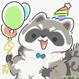 balloon biped birthday black_eyes black_nose chibi clothing dot_eyes feral fur grey_body grey_fur hat headgear headwear holding_balloon holding_object inflatable navel party_hat simple_background simple_eyes solo white_body white_fur x_navel yencatx mammal procyonid raccoon 1:1 2021