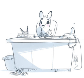 ambiguous_gender blush chair electronics feral fur furniture hair office_chair office_desk phone quadruped short_hair solo tail text trash_can tuft itsdanfango ansel_(itsdanfango) deer mammal 2018 english_text sketch