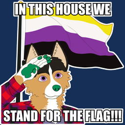 anthro black_body black_fur flag flag_(object) flannel fur gesture gloves_(marking) green_pawpads lgbt_pride markings nonbinary_pride_colors outline pawpads pride_colors salute solo tan_body tan_fur text white_outline martin_shep martin_schaefer border_collie canid canine canis collie domestic_dog german_shepherd herding_dog mammal pastoral_dog sheepdog 1:1 alpha_channel digital_media_(artwork) impact_(font)