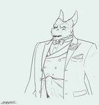 anthro big_penis bow_tie bulge clothed clothing erection erection_under_clothing formal_wear genitals horn huge_penis hyper hyper_genitalia hyper_penis jacket male penis solo suit topwear vest papyreit mythology dragon mythological_creature mythological_scalie scalie hi_res